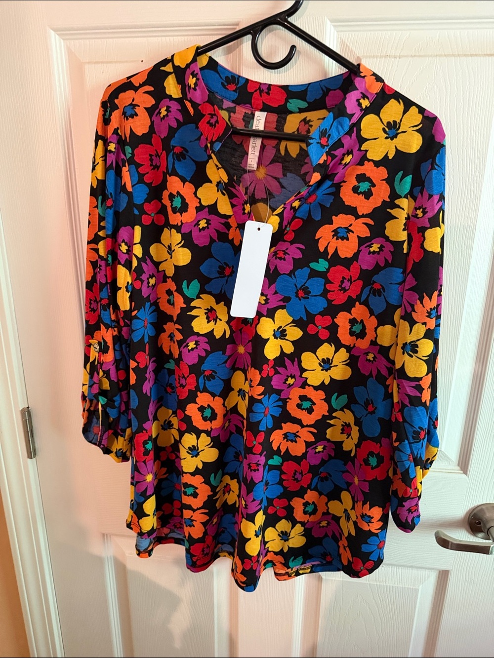 Scarlett Black Floral Split-Neck Blouse with Yellow, Blue, Pink & Orange Blooms